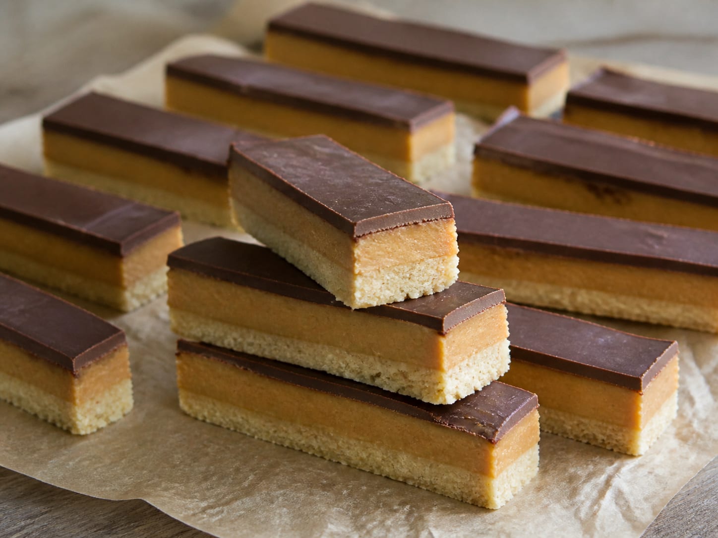 Peanut butter Twix-style bars arranged for serving