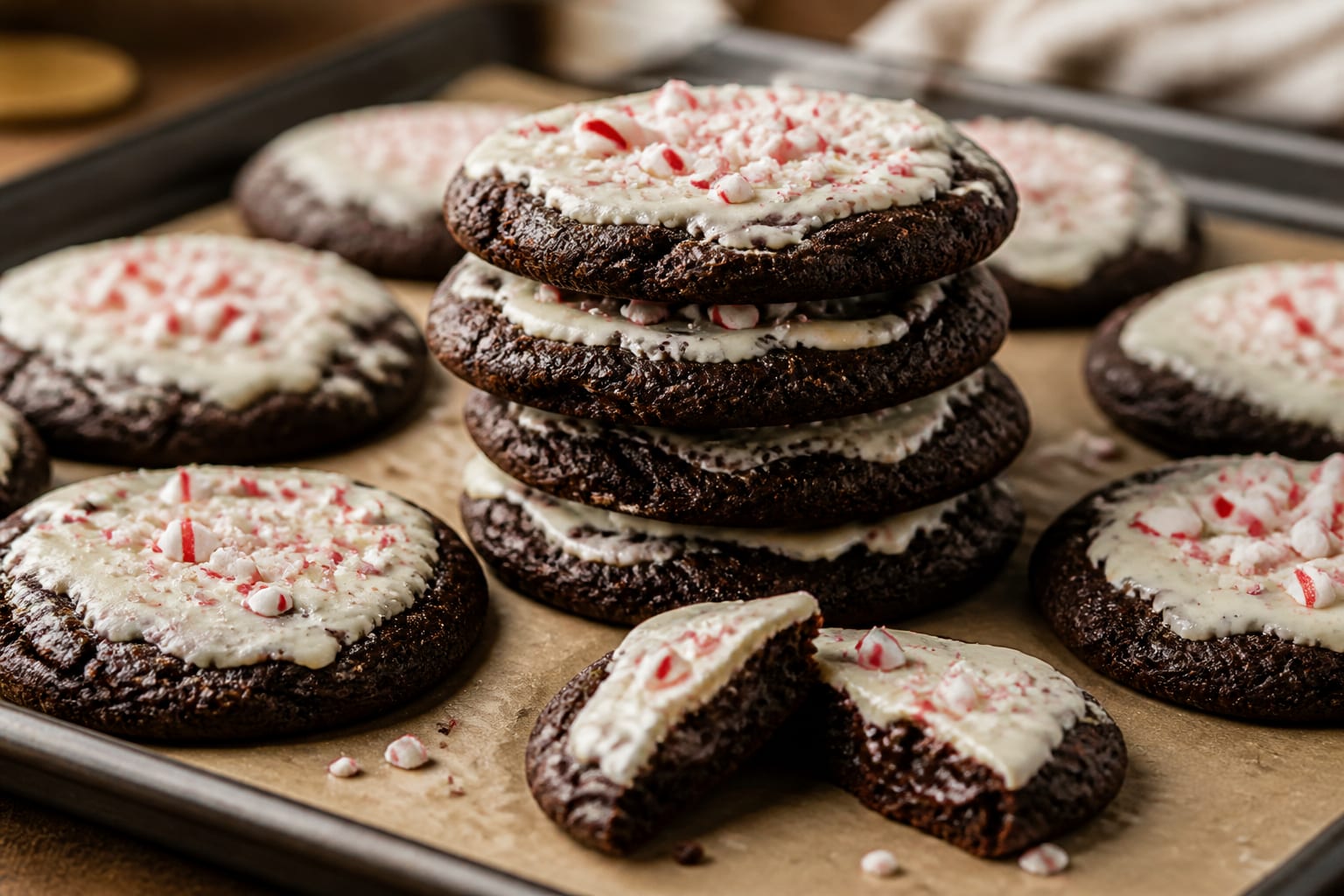 Peppermint bark cookies arranged for serving