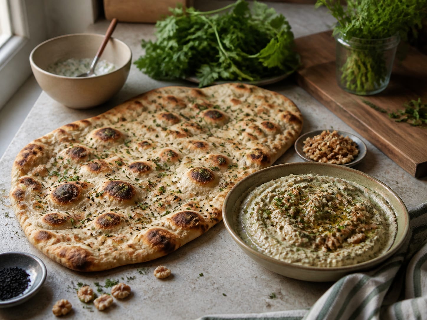 Persisches Fladenbrot mit Kräuter-Walnuss-Dip, plated for serving