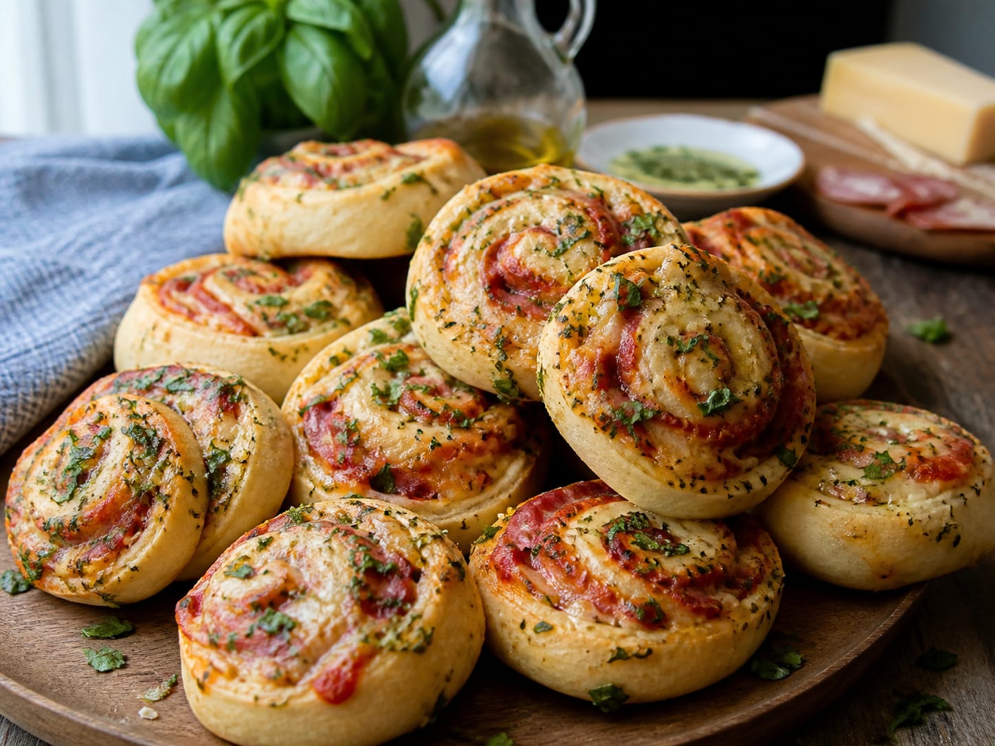 Pizzabrötchen mit Basilikumbutter, plated for serving