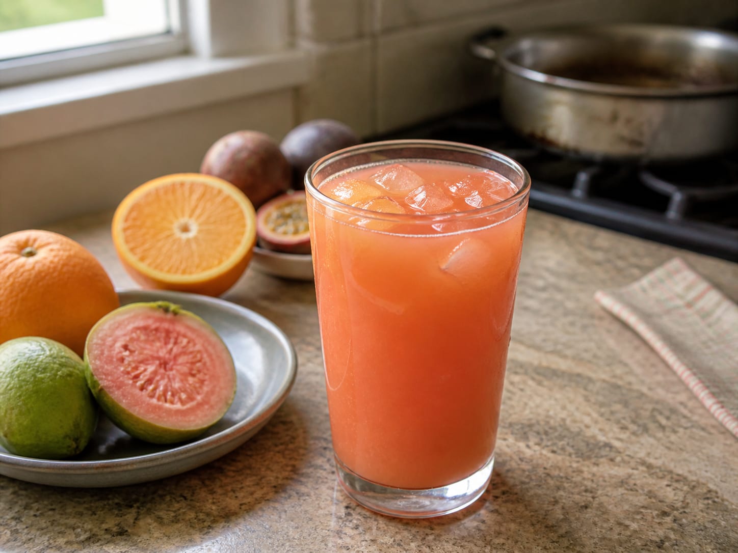 Three tall glasses of vivid orange-pink POG juice over ice, garnished with a halved passion fruit