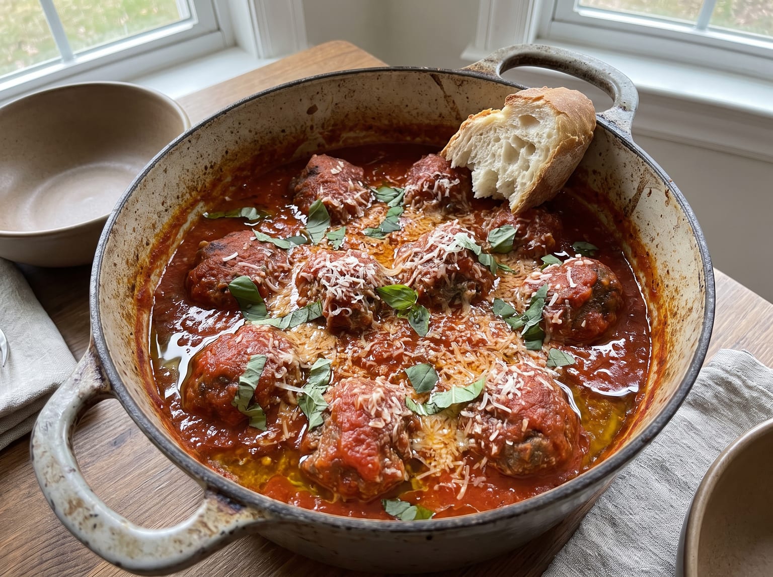 Large beef meatballs in a dark red long-cooked tomato sauce in a heavy pot, with torn basil and grated pecorino on top