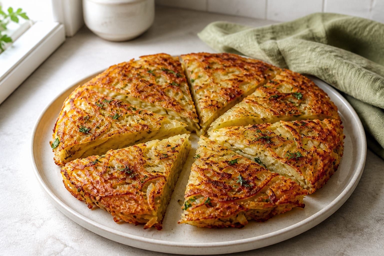 Crispy potato, onion, and garlic skillet cake served as a natural-light editorial food photograph