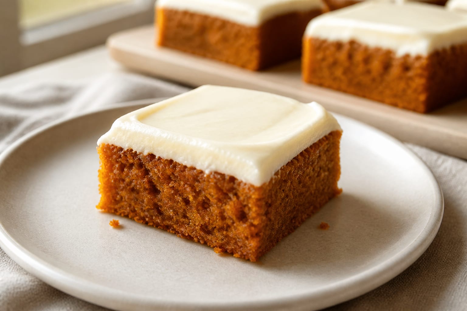 Pumpkin bars with cream-cheese icing arranged for serving