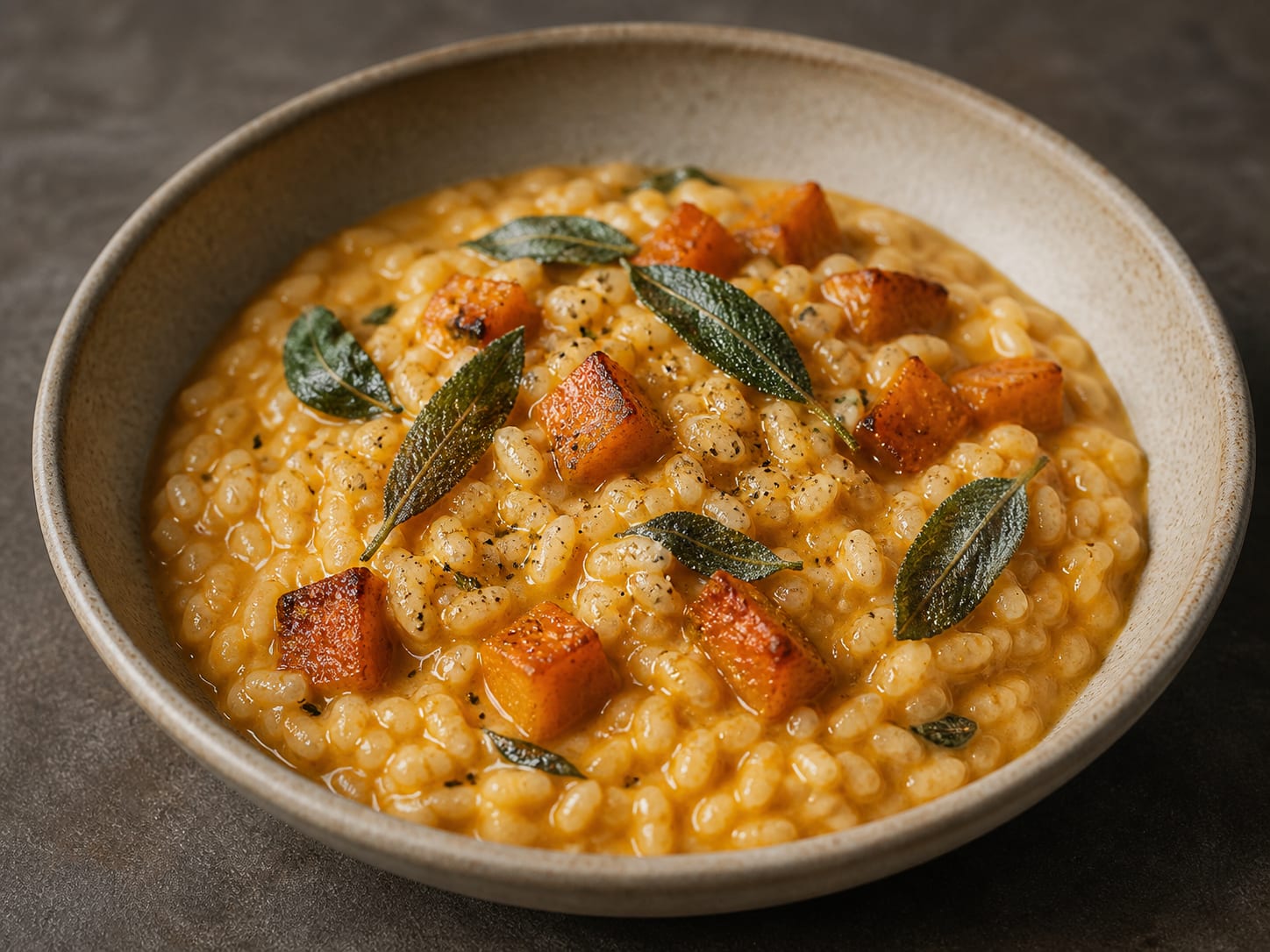 Flowing orange pumpkin risotto with roasted pumpkin cubes and crisp sage leaves