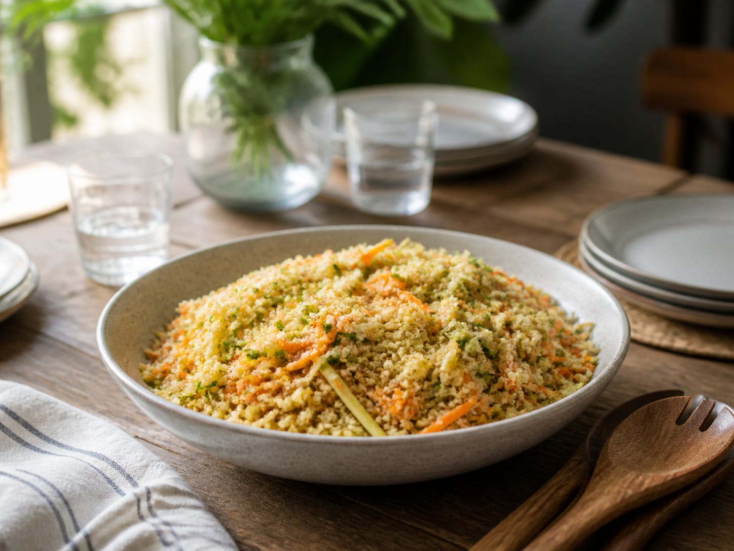 Quinoa-Salat mit Zucchini und Möhren, plated for serving