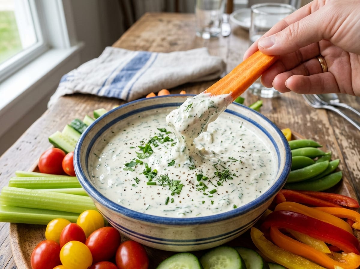 A bowl of thick pale green-flecked ranch dip with a carrot stick pulled out of it, surrounded by raw vegetables