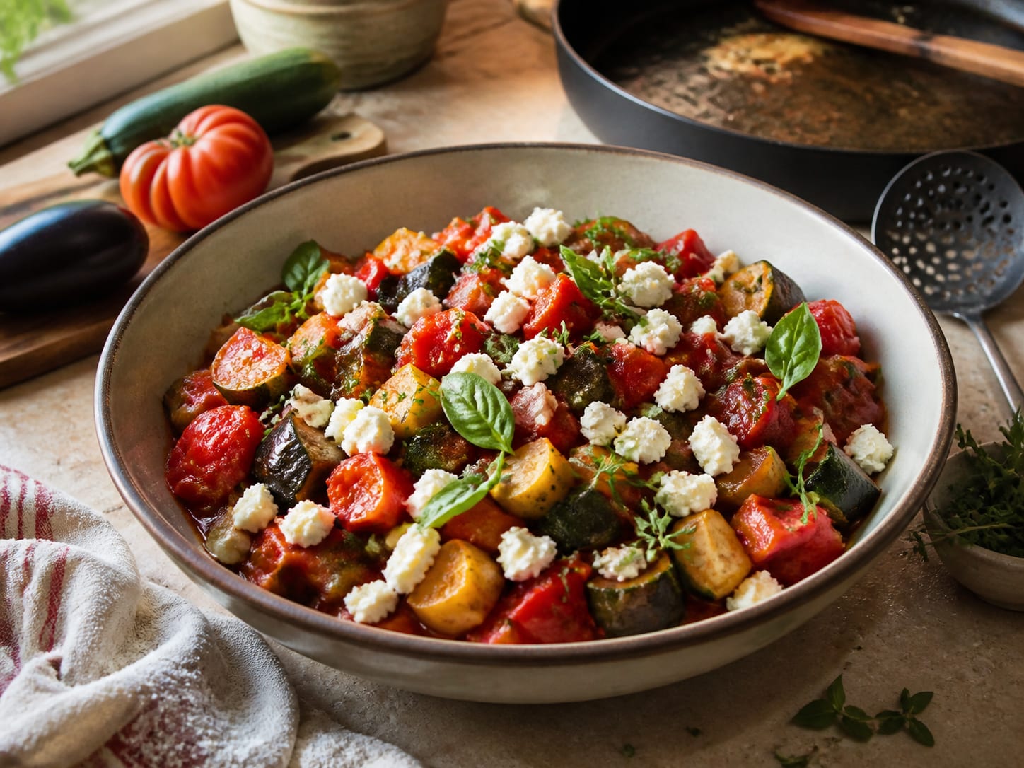 Ratatouille mit Schafskäse, plated for serving