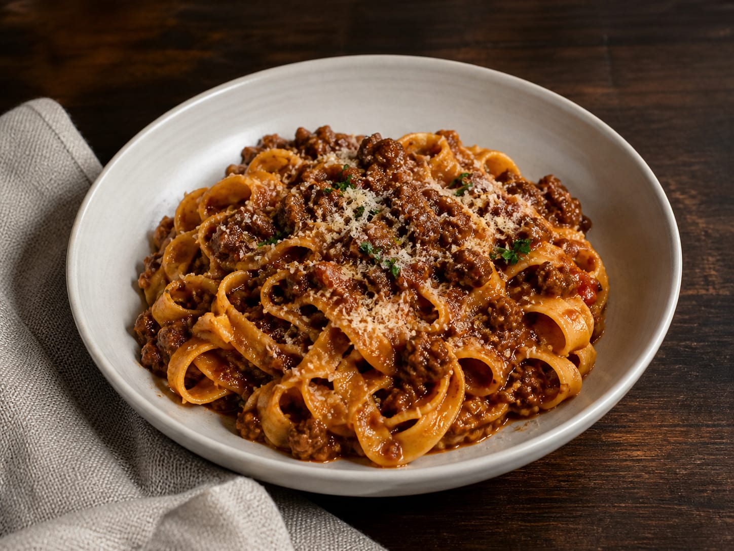 A wide bowl of pappardelle coated in dark glossy beef and pork ragu with a little Parmesan