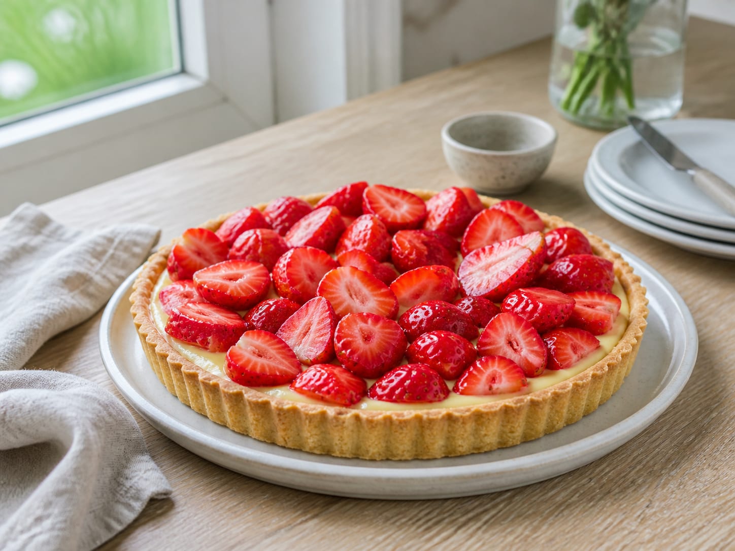 Rhabarber-Erdbeer-Tarte, plated for serving