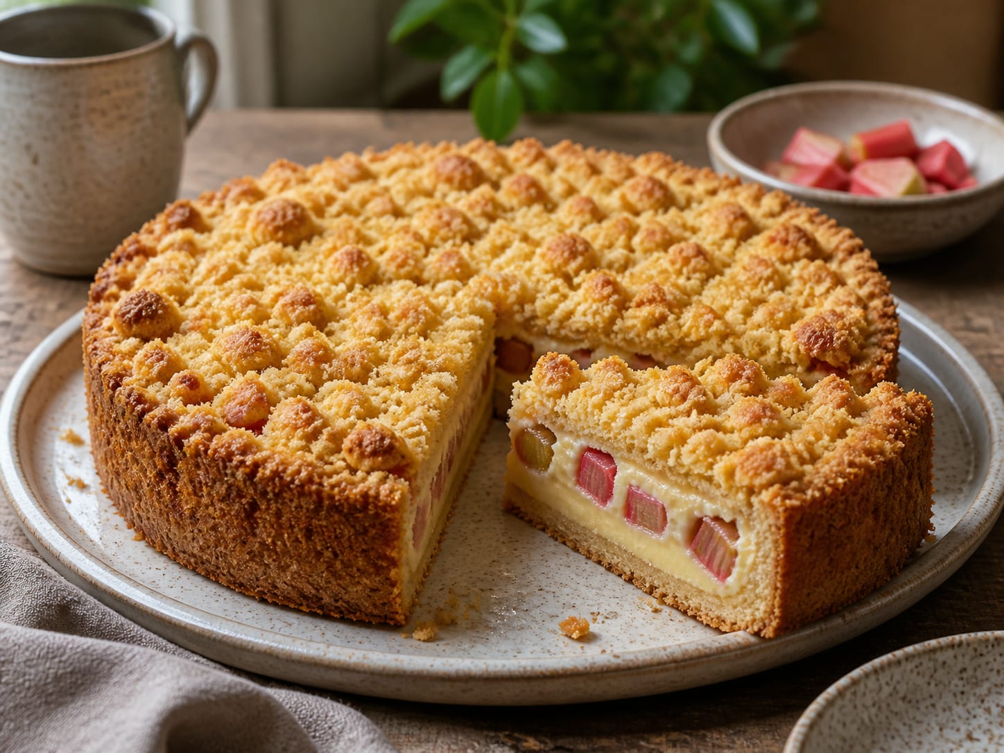Rhabarber-Streuselkuchen, plated for serving