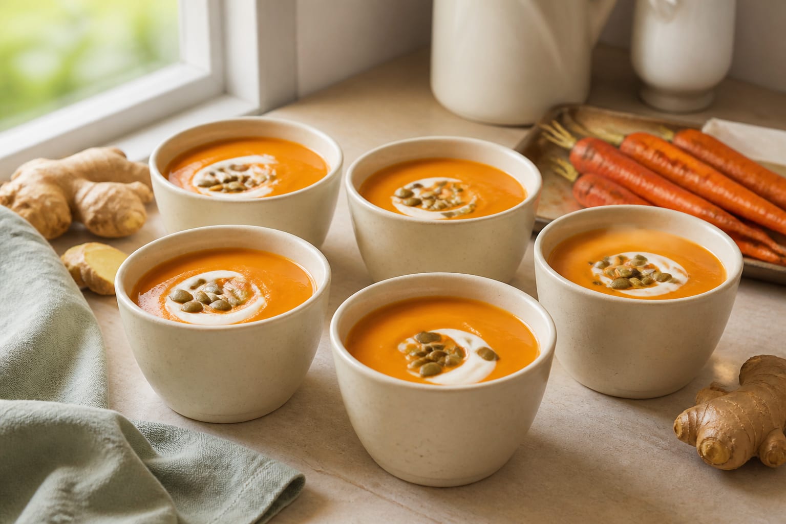 Six small cream bowls of smooth roasted carrot and ginger soup with restrained yogurt swirls and pumpkin seeds in warm natural light