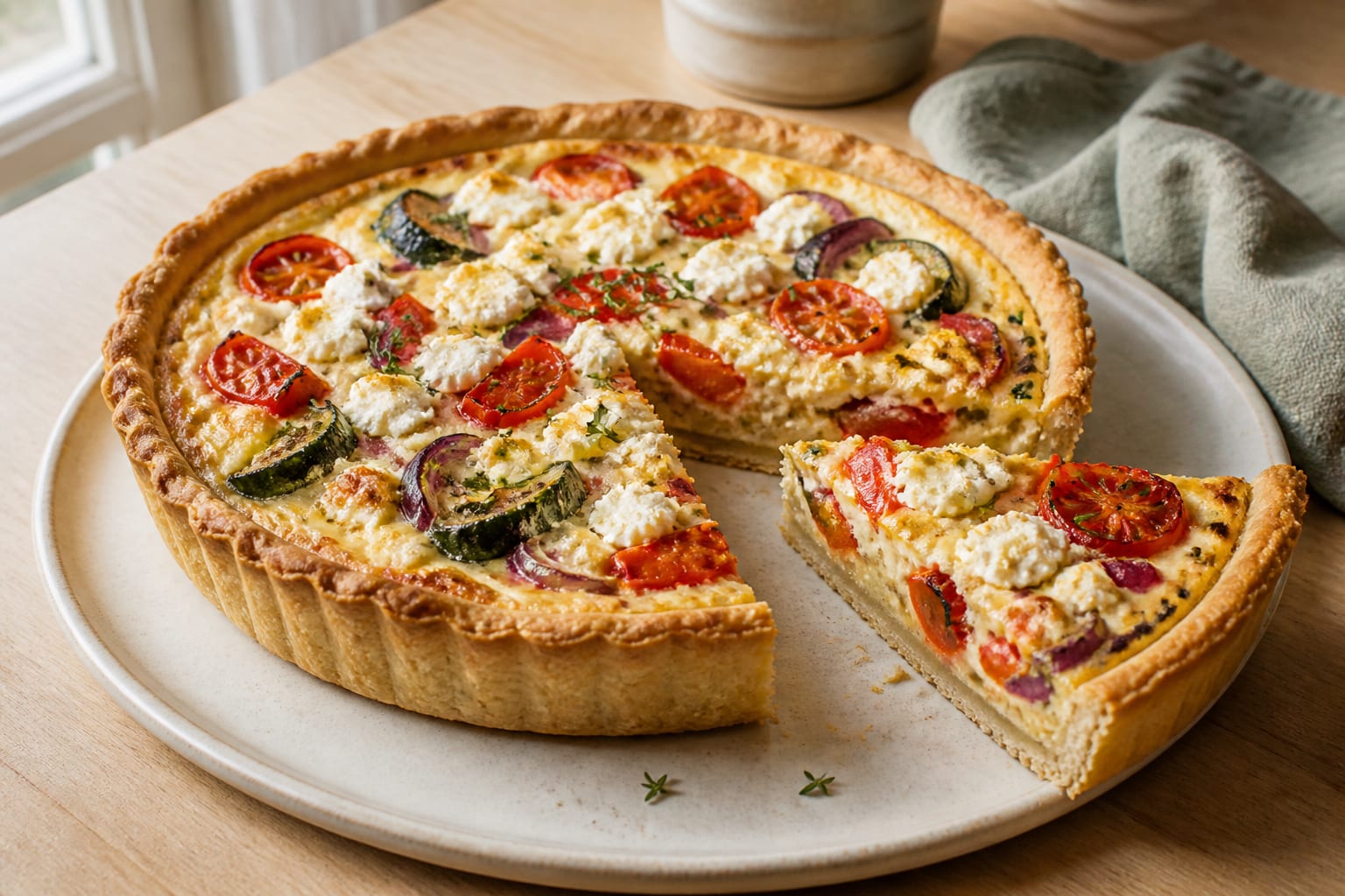 A slice cut from a golden shortcrust quiche showing roasted courgette, red pepper, red onion, and cherry tomatoes set in custard with goat cheese and thyme
