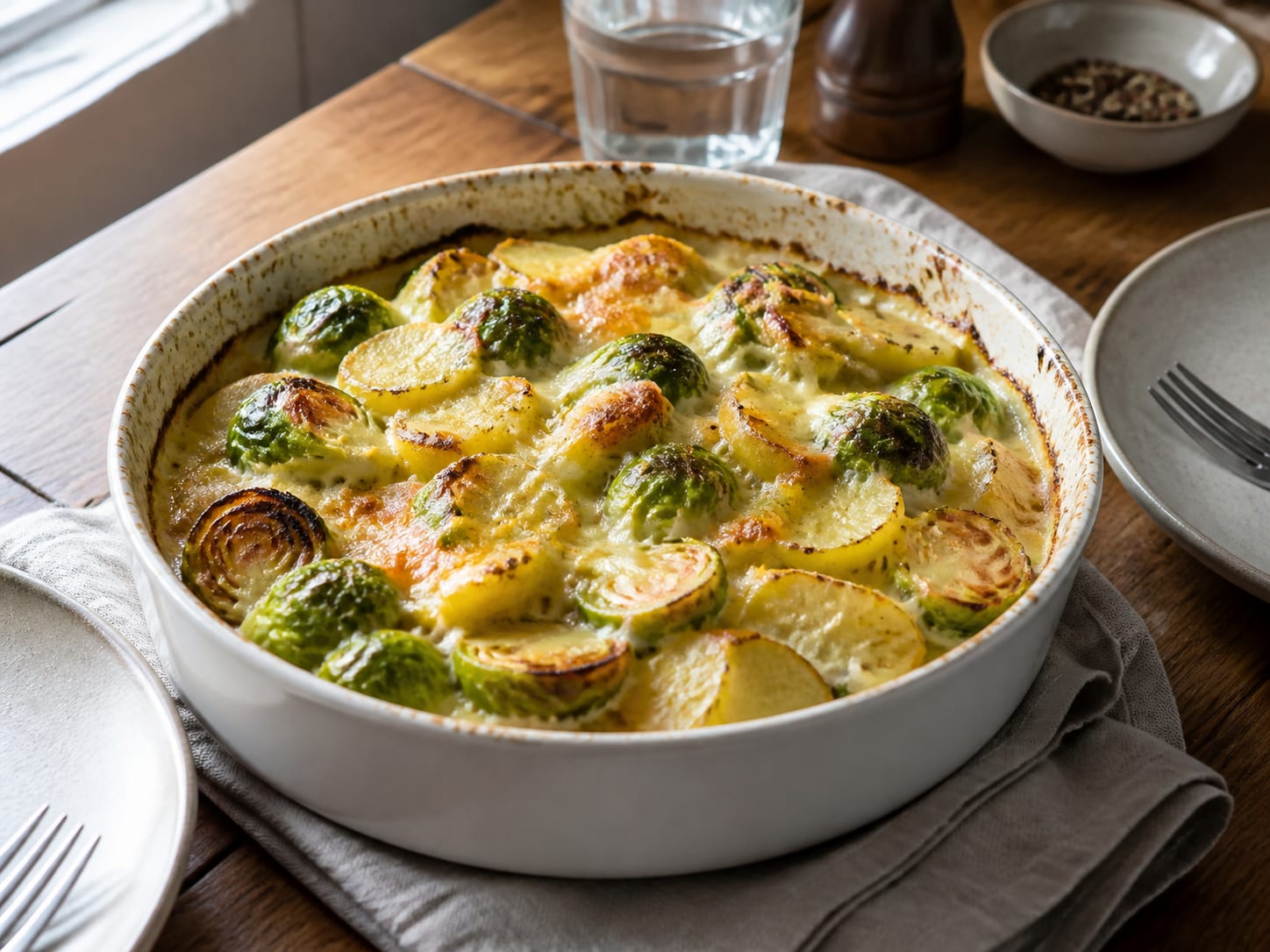 Rosenkohl-Kartoffel-Gratin, plated for serving