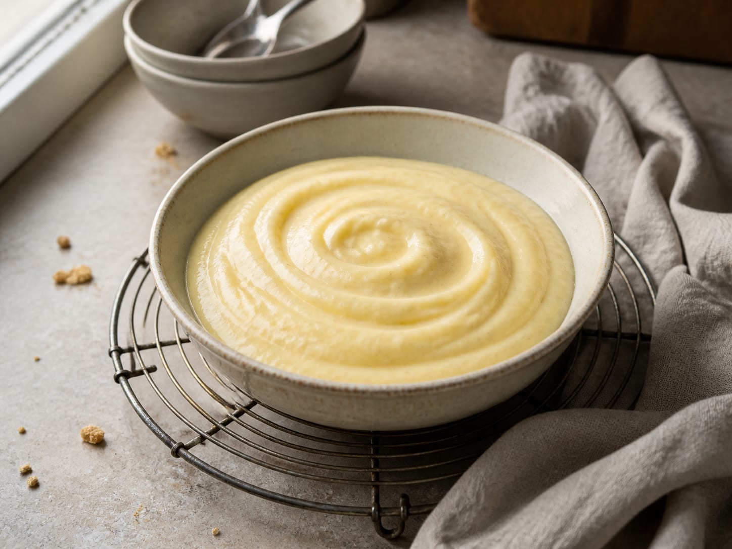 Sahnepudding mit Maisgrieß, plated for serving