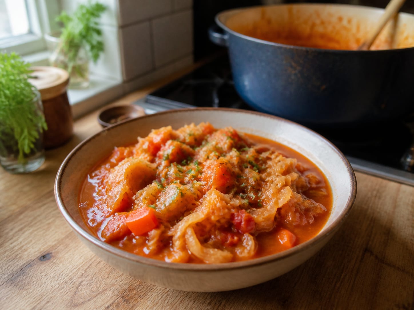 Sauerkraut-Tomaten-Eintopf, plated for serving