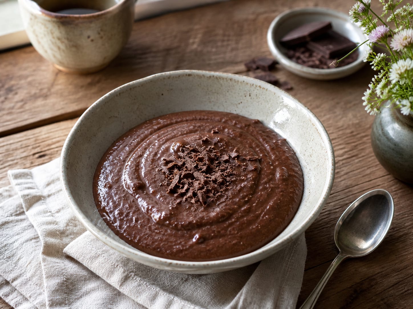 Schoko-Grießpudding, plated for serving