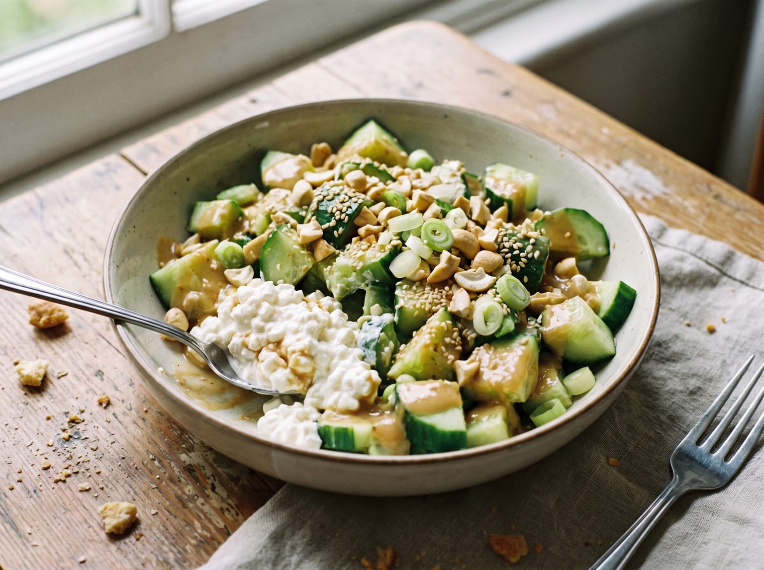A bowl of smashed cucumber in a glossy peanut sesame dressing with chopped cashews, sesame seeds, spring onion and a spoonful of cottage cheese folded through
