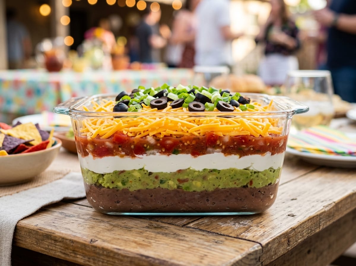 A square glass dish of layered dip seen from the side showing distinct stripes of beans, guacamole, sour cream, salsa and cheese, topped with olives and spring onion