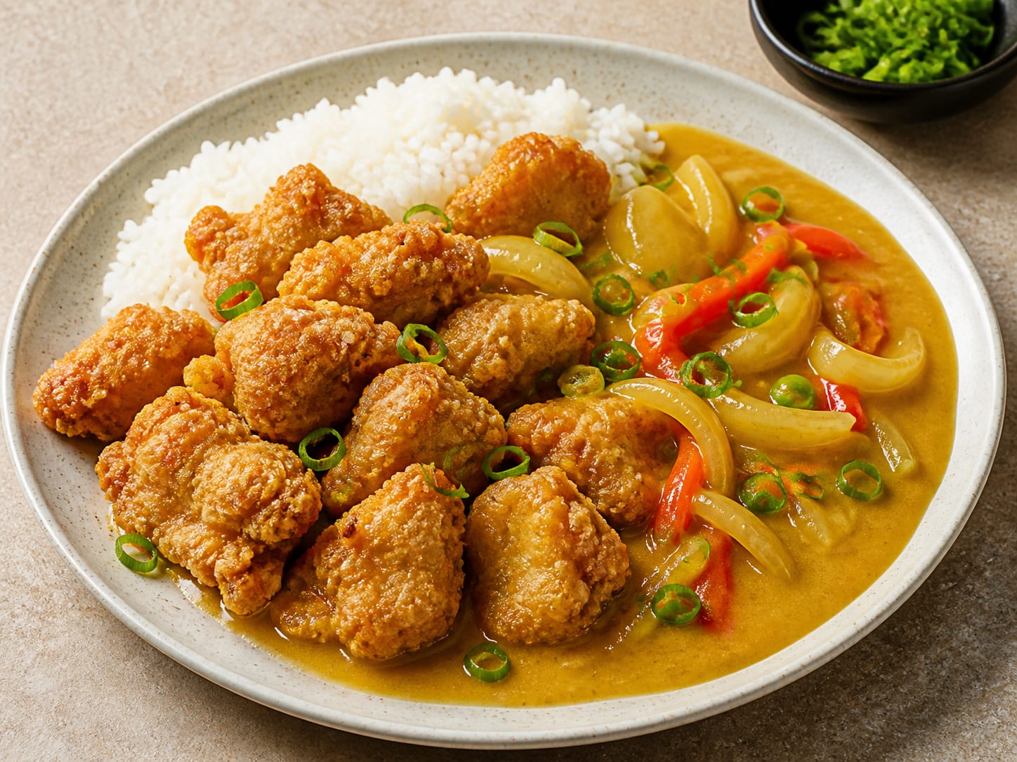 Sliced golden battered chicken beside jasmine rice and glossy yellow Chinese restaurant curry with onion, carrot, red pepper, and peas