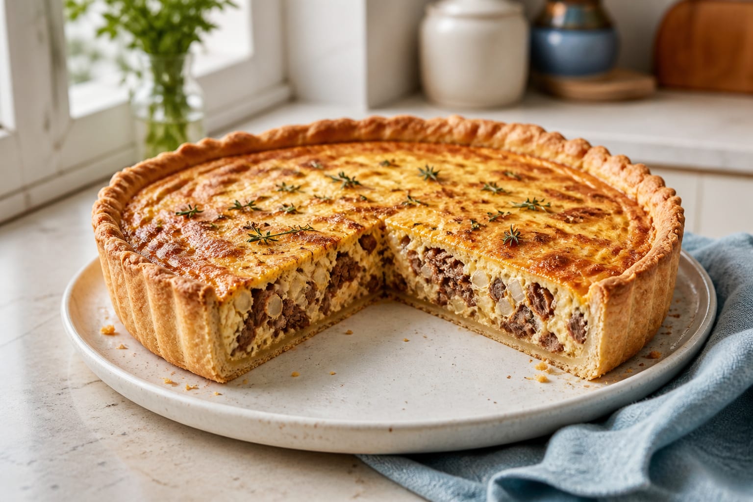 A slice of deep golden quiche on a cream plate in natural light, shredded beef and softened onion set in custard under melted mature cheddar