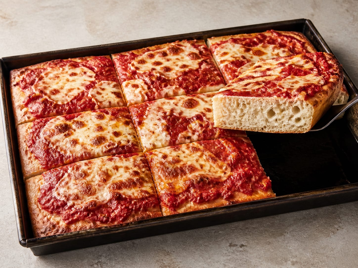 Thick square slices of Sicilian pizza showing an airy crumb and a deeply crisp base