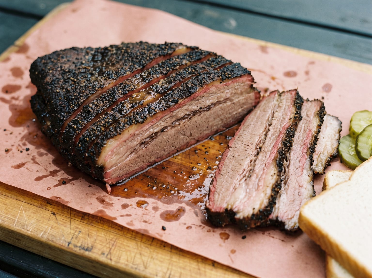 Sliced smoked brisket on butcher paper showing a black peppery bark, a pink smoke ring and rendered fat between the fibres, with pickles and white bread