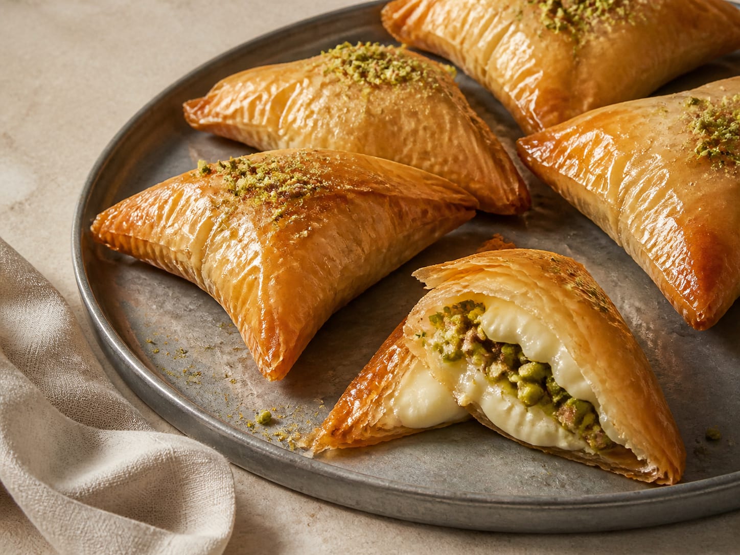 Şöbiyet: pistachio and cream baklava parcels served as a natural-light editorial food photograph