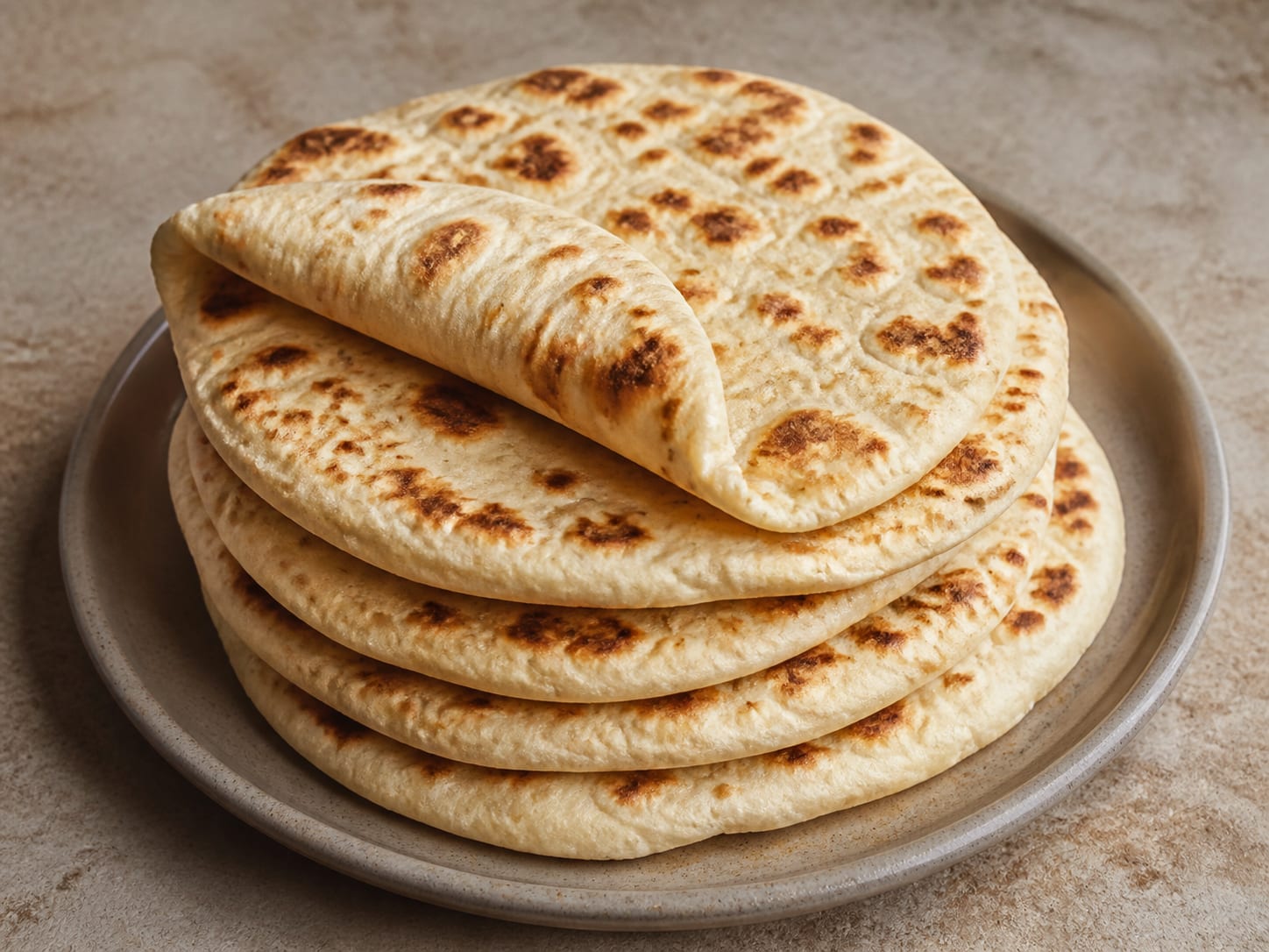 Soft Greek pita: pocketless and stovetop-cooked served as a natural-light editorial food photograph
