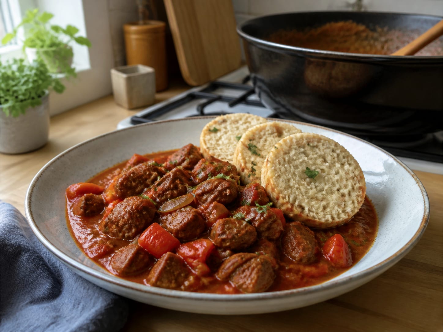 Soja-Gulasch mit Serviettenknödel, plated for serving