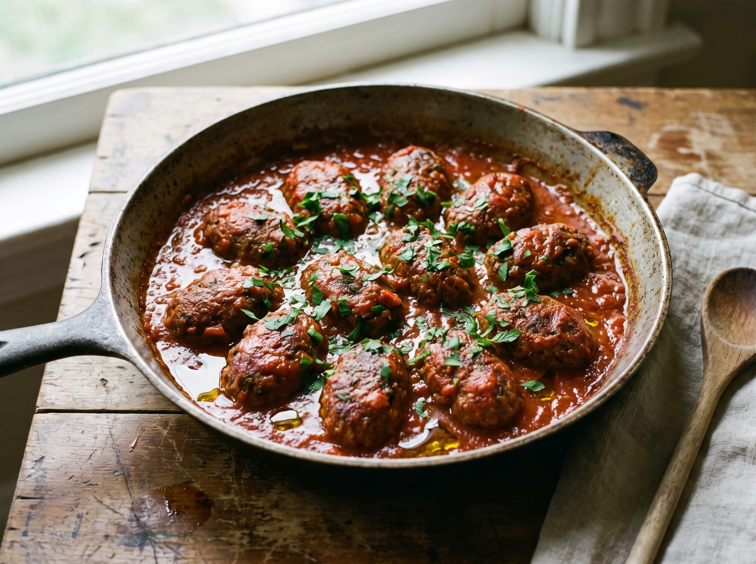 Oval Greek beef meatballs braised in thick red tomato sauce in a shallow pan, scattered with chopped parsley