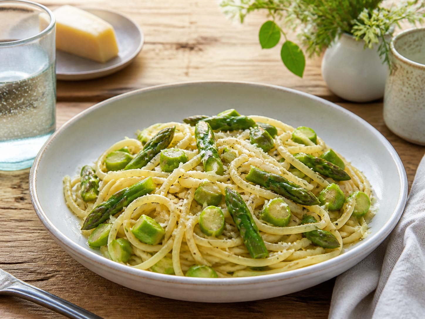 Spargelnudeln, plated for serving