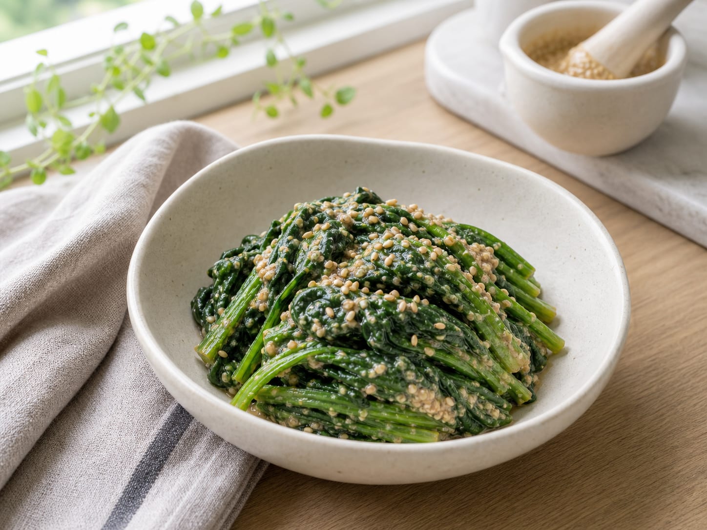 A small cream bowl of dark green spinach bundles coated in ground sesame dressing, sesame seeds scattered over