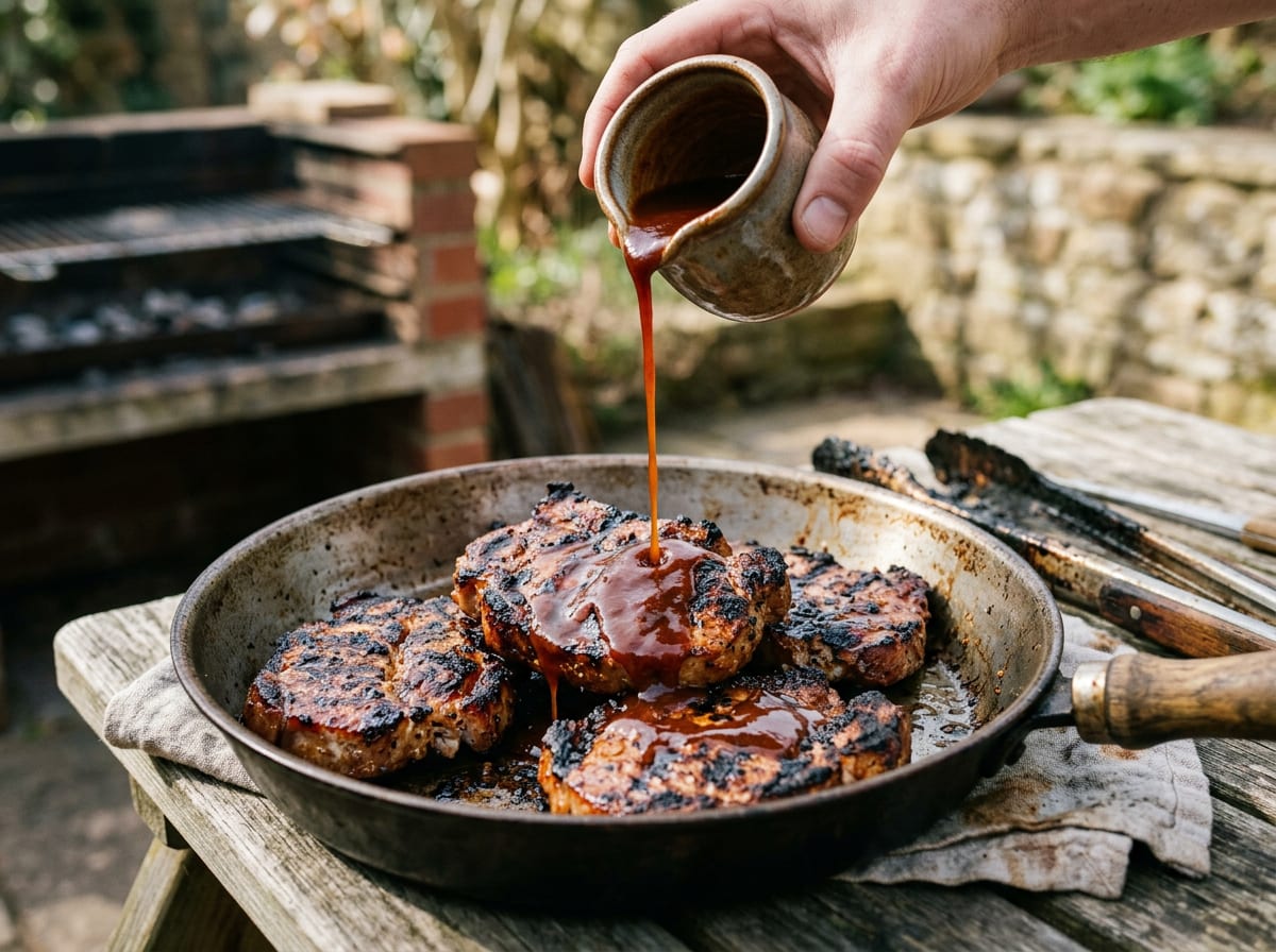 A jug of thin pourable red-brown barbecue sauce being poured over grilled pork steaks in a shallow pan
