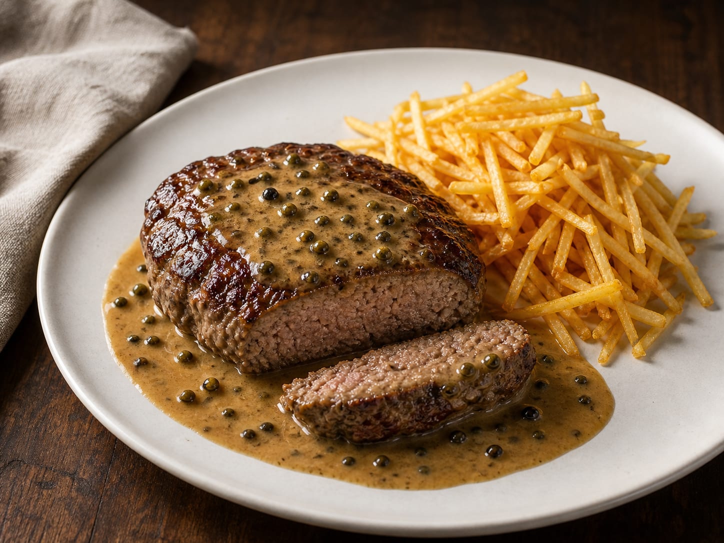 A thick seared steak hache with creamy peppercorn sauce, confit garlic, shoestring fries, and toasted brioche