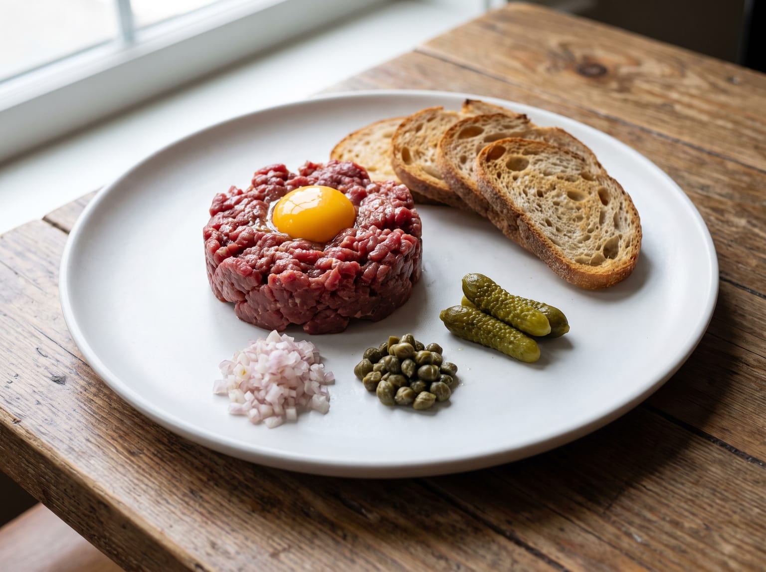 A mound of hand-chopped raw beef on a white plate with an egg yolk on top and small piles of diced shallot, capers and cornichons beside it, with toasted bread