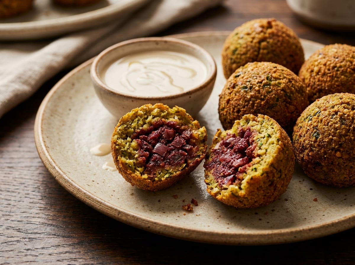 A falafel ball cut in half revealing a sumac-stained onion filling at the centre, more whole falafel and tahini sauce alongside