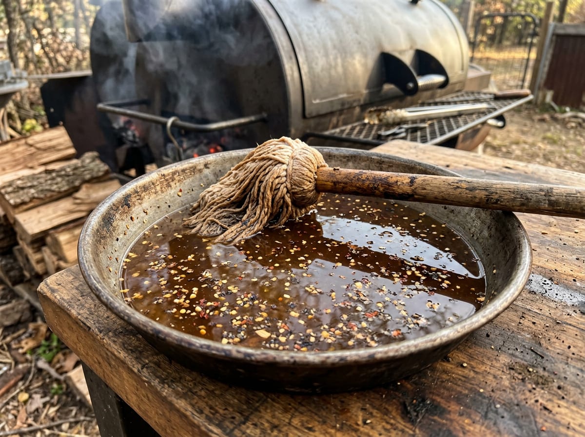 A pan of thin dark brown mop sauce with coarse pepper and chilli flakes floating in it and a cotton barbecue mop resting across the rim