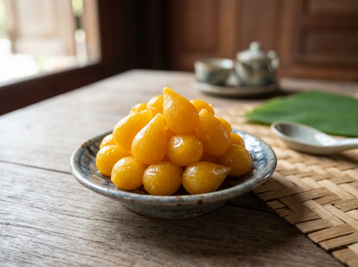A small dish of glossy golden Thai thong yod, teardrop-shaped egg yolk sweets with tapered tails, piled together and shining under a light syrup glaze