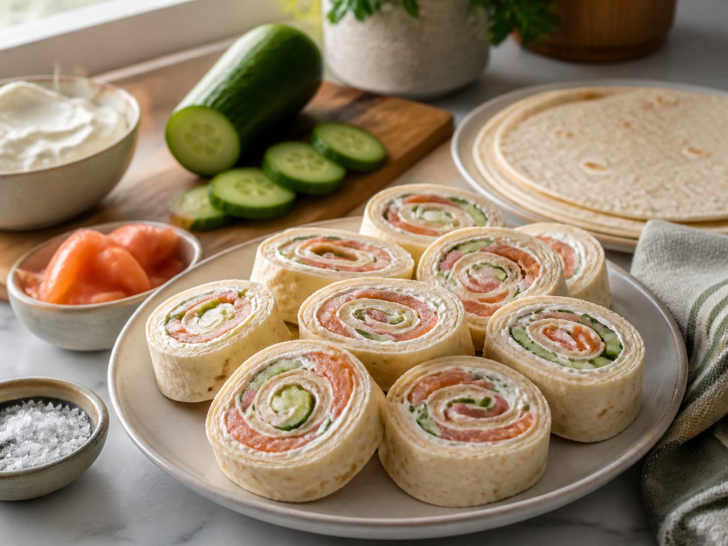 Tortillas mit Räucherlachs und Gurken, plated for serving