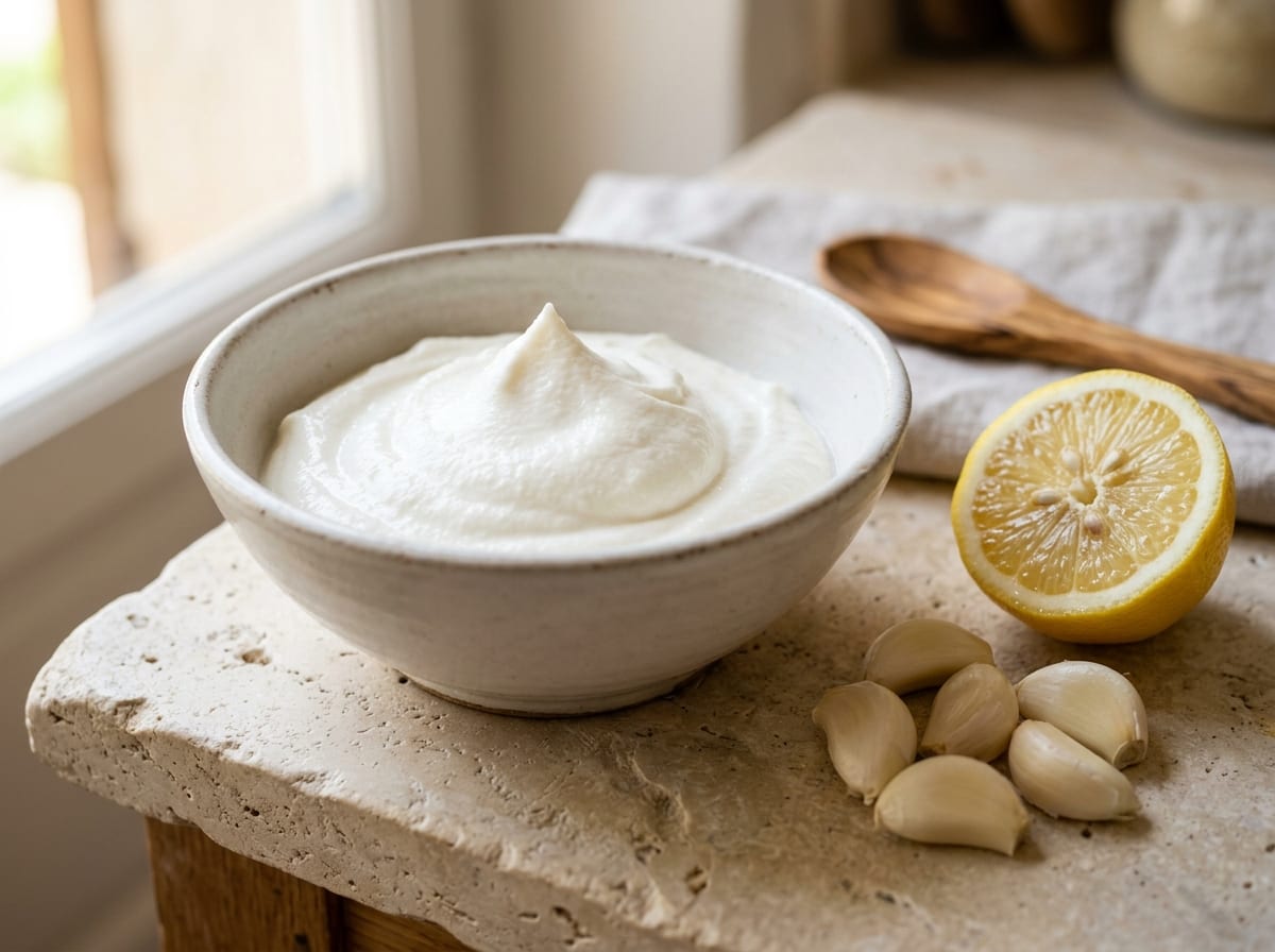A bowl of brilliant white stiff garlic sauce holding a soft peak, with peeled garlic cloves and a halved lemon beside it