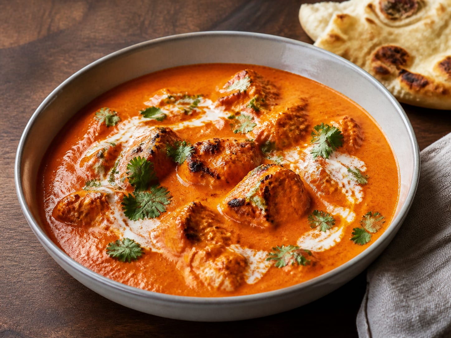Charred chicken thigh pieces in a silky deep orange butter chicken sauce with cream and fenugreek