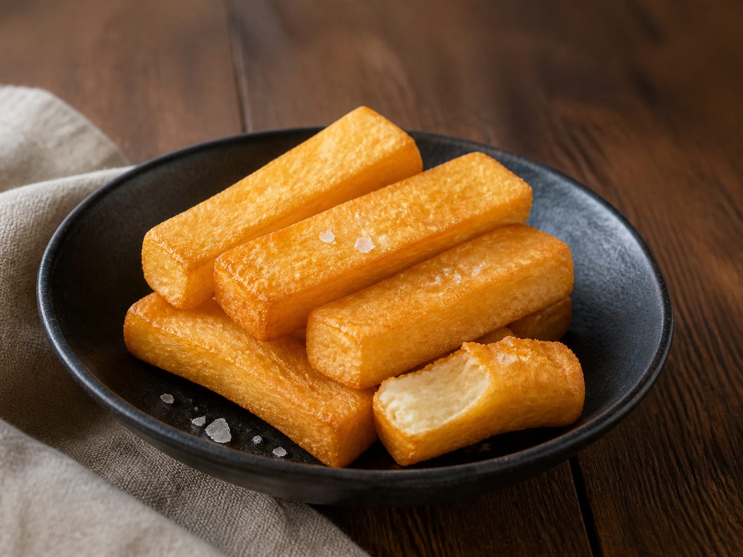 A bowl of thick golden triple-cooked chips with rough crisp edges and fluffy broken centres