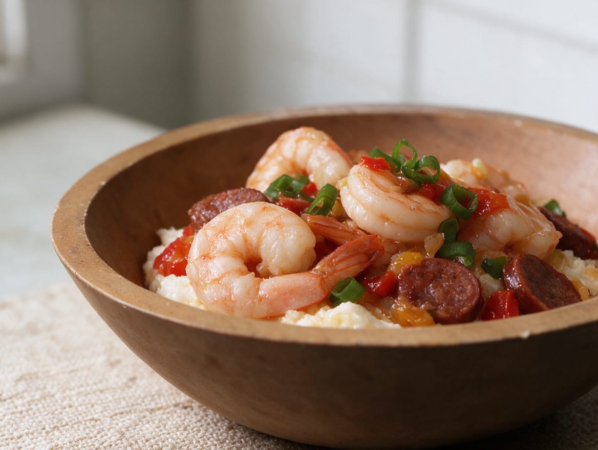 Creamy pale grits topped with pink shrimp, browned sausage coins, red and yellow pepper, scallions, and glossy light orange gravy