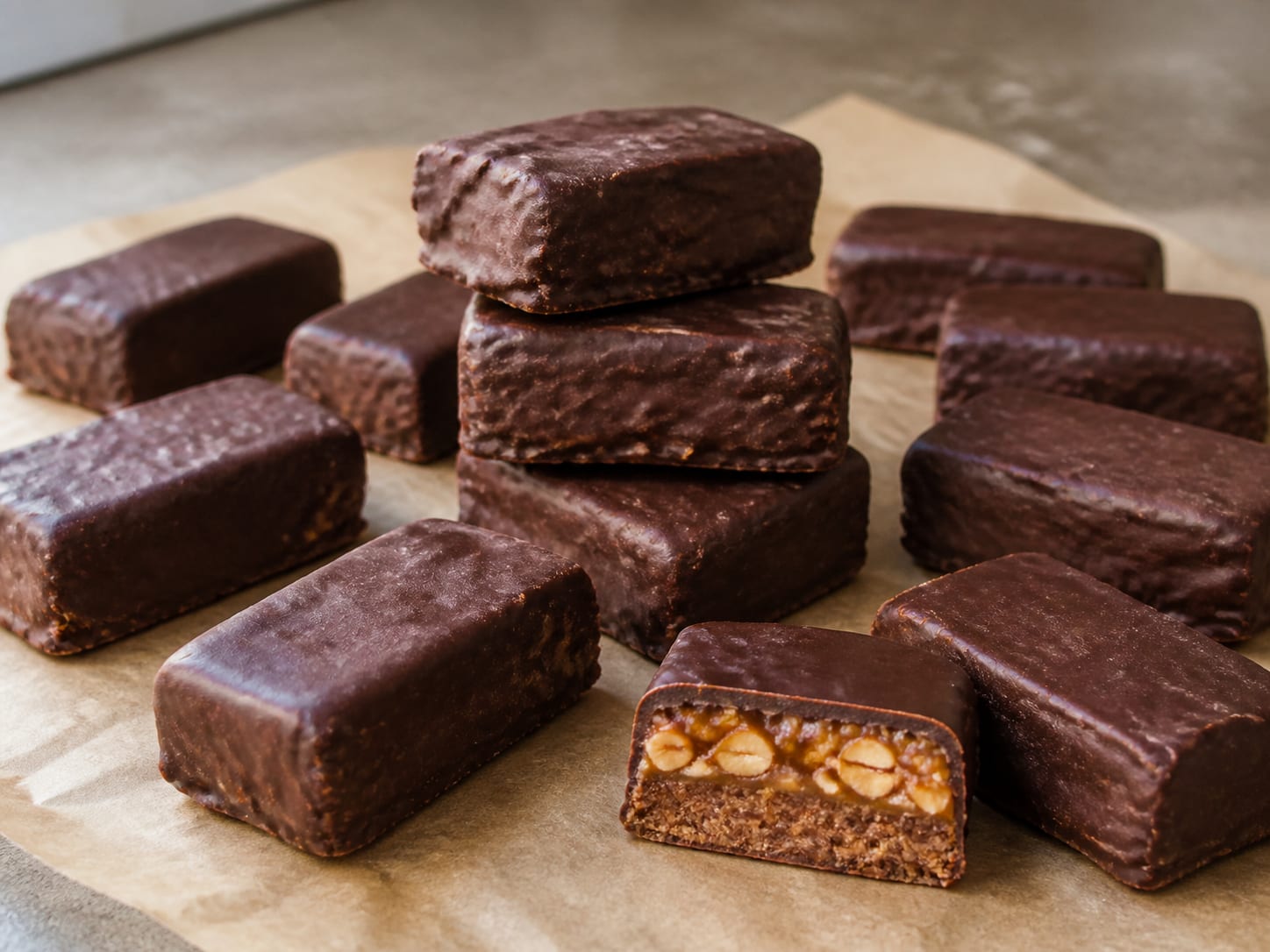 Vegan Snickers-style date bars arranged for serving