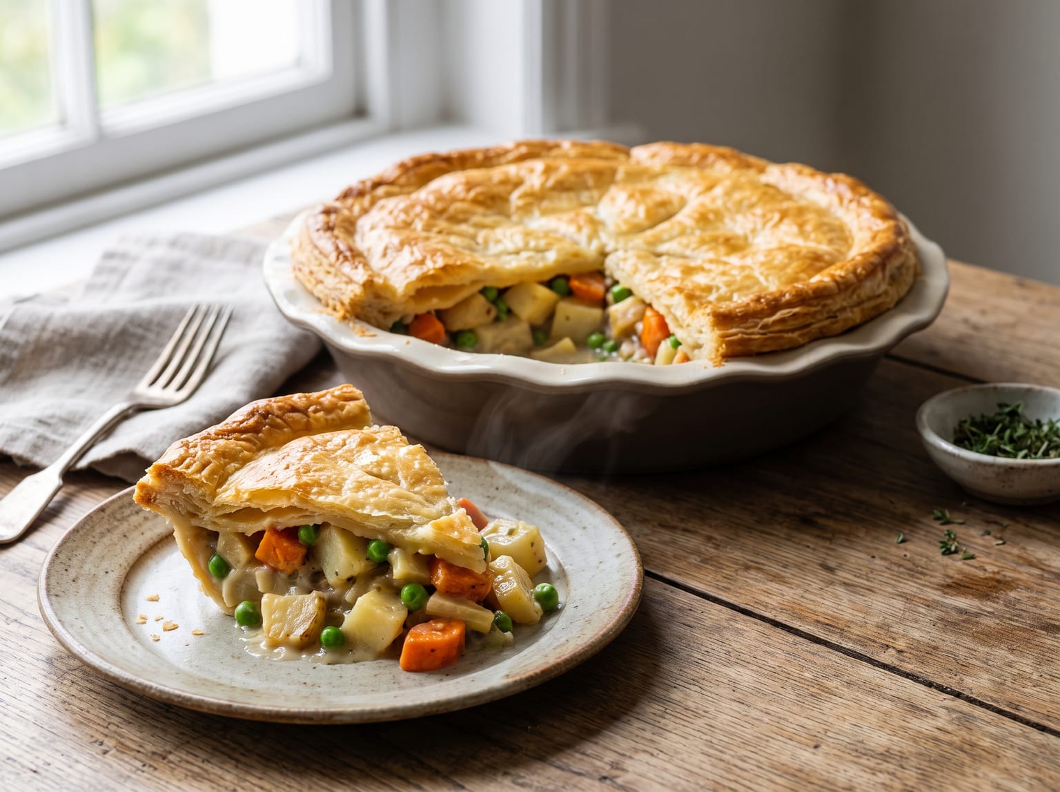 A slice of vegetable pot pie showing a creamy filling with carrots, potatoes and peas under a golden puff pastry lid