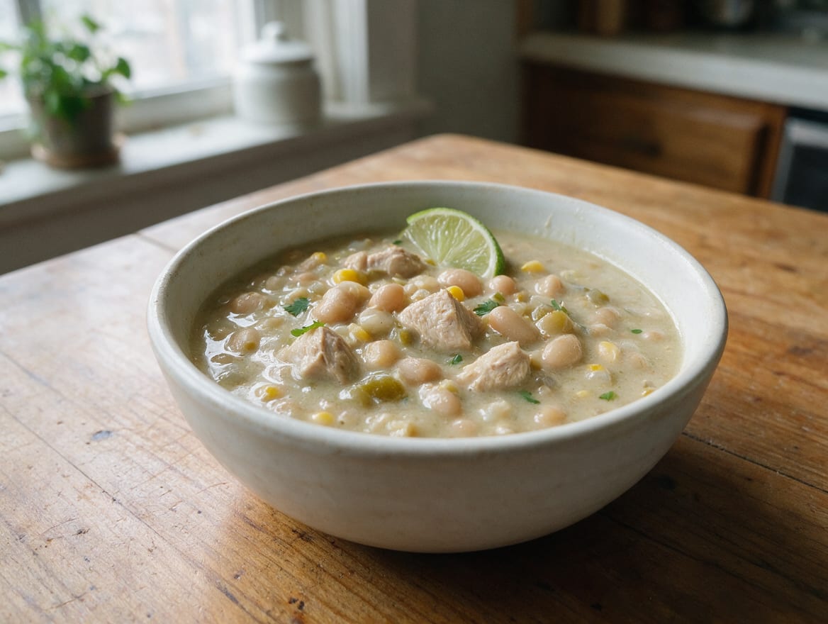 Ivory-green creamy chili with cubed chicken, white beans, yellow corn, roasted green chile pieces, cilantro, and lime