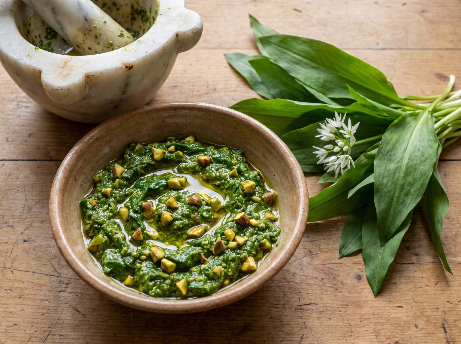 A bowl of vivid green wild garlic pesto with a coarse pounded texture and visible chopped pistachios, oil pooling at the surface, with a mortar and wild garlic leaves