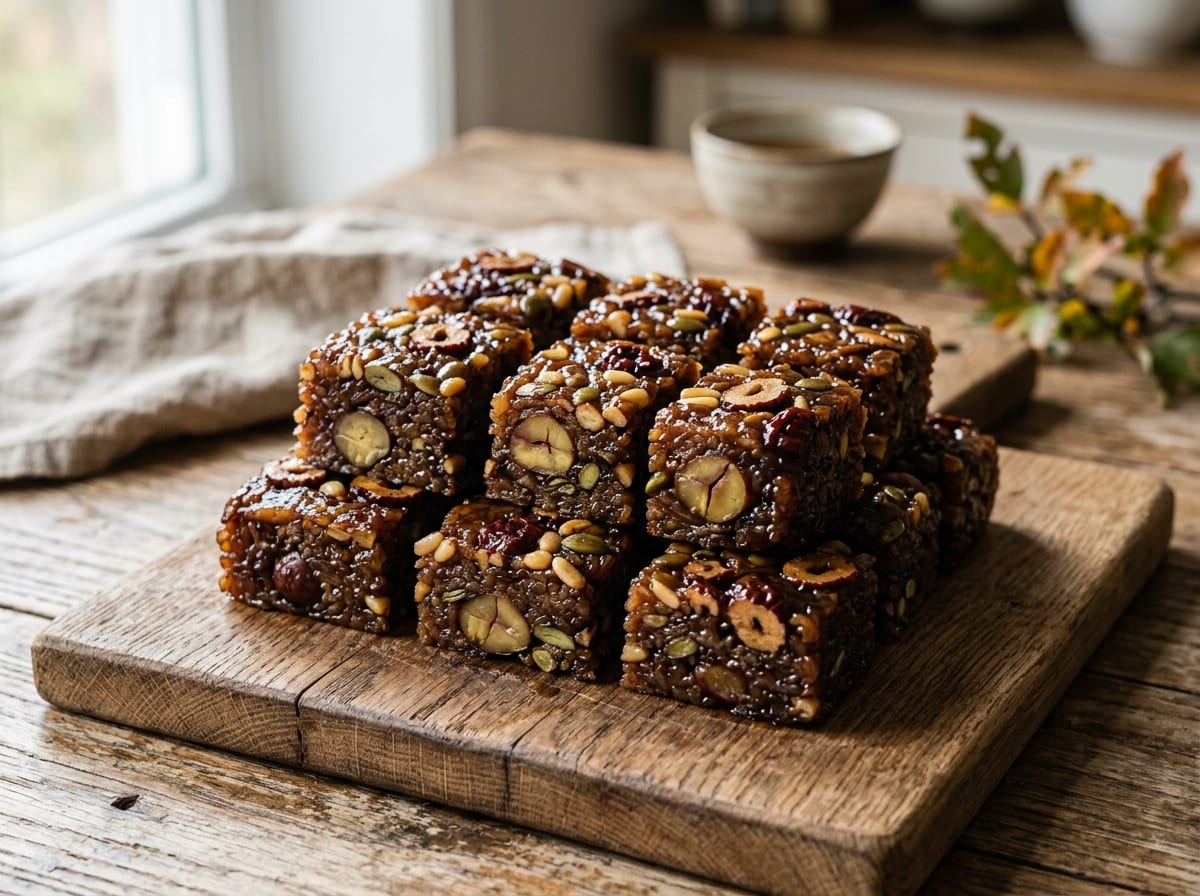 A pan of dark mahogany-brown Korean yaksik rice cake studded with chestnuts, jujubes, and pine nuts, cut into glossy squares