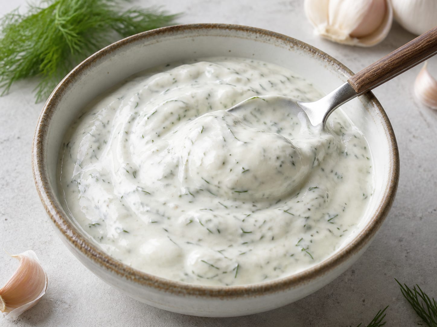A bowl of thick white yogurt sauce heavily flecked with fresh dill and black pepper